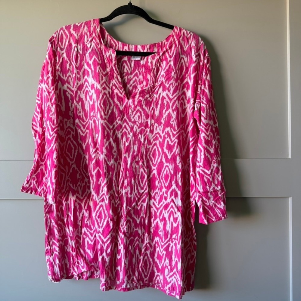 Pink Ikat Geometric Tunic Top Women Large V-Neck Cotton 3/4 Sleeve Boho Beach